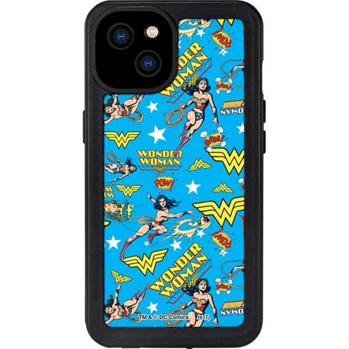 DC Comics Wonder Woman Action pose pattern iPhone 15 Plus Waterproof Case